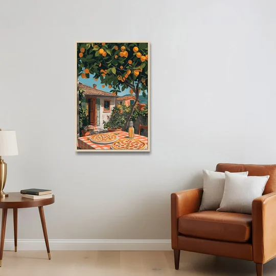 Pizza Painting Under an Orange Tree - Oak Framed Canvas Wall Art - Sofa - 24x36