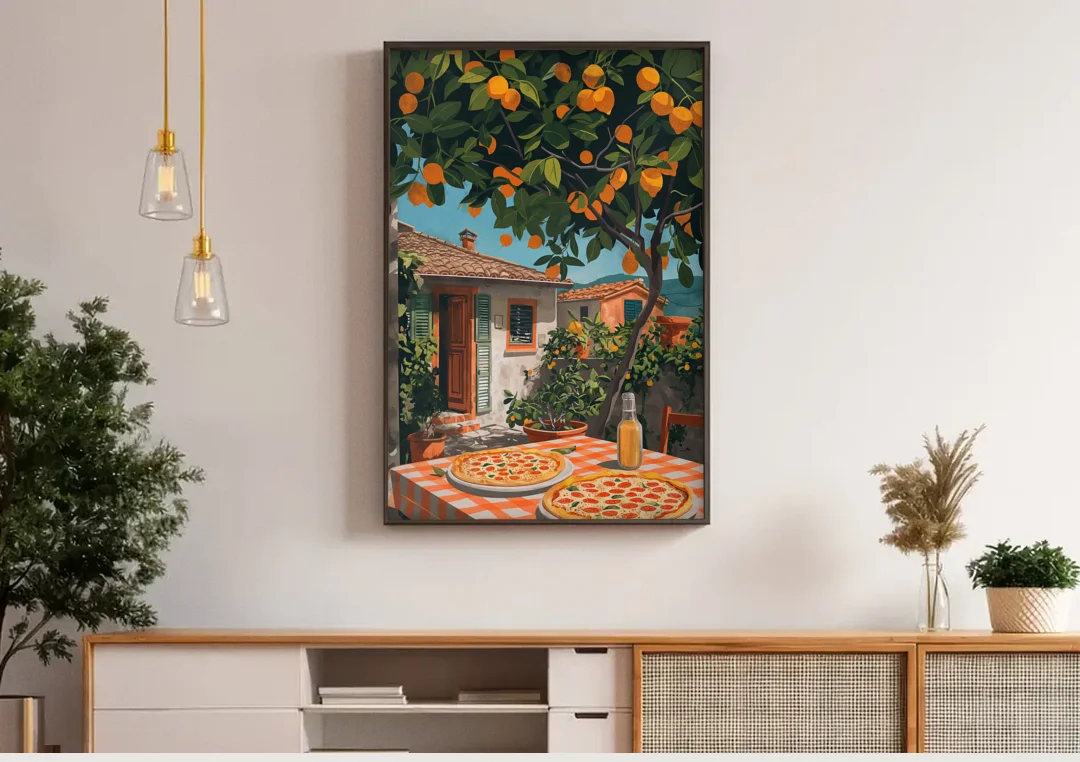 Pizza Painting Under an Orange Tree canvas wall art above a wooden sideboard under pendant lights