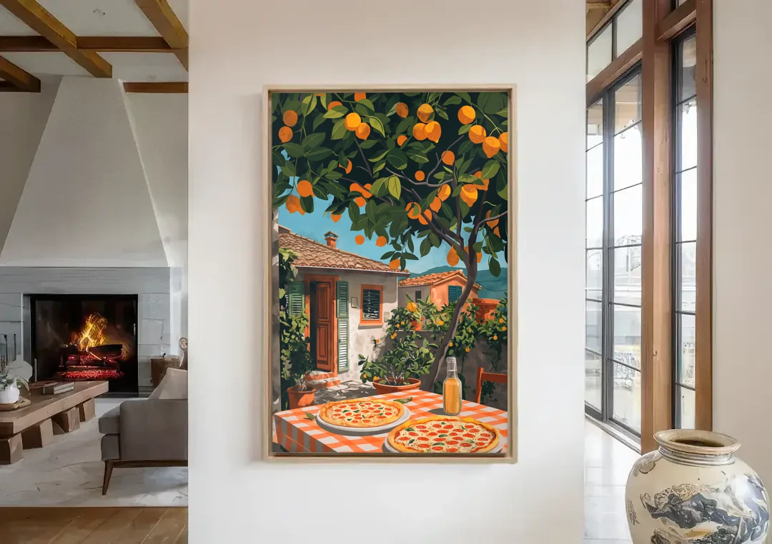 Pizza Painting Under an Orange Tree canvas wall art in a living room with a fireplace