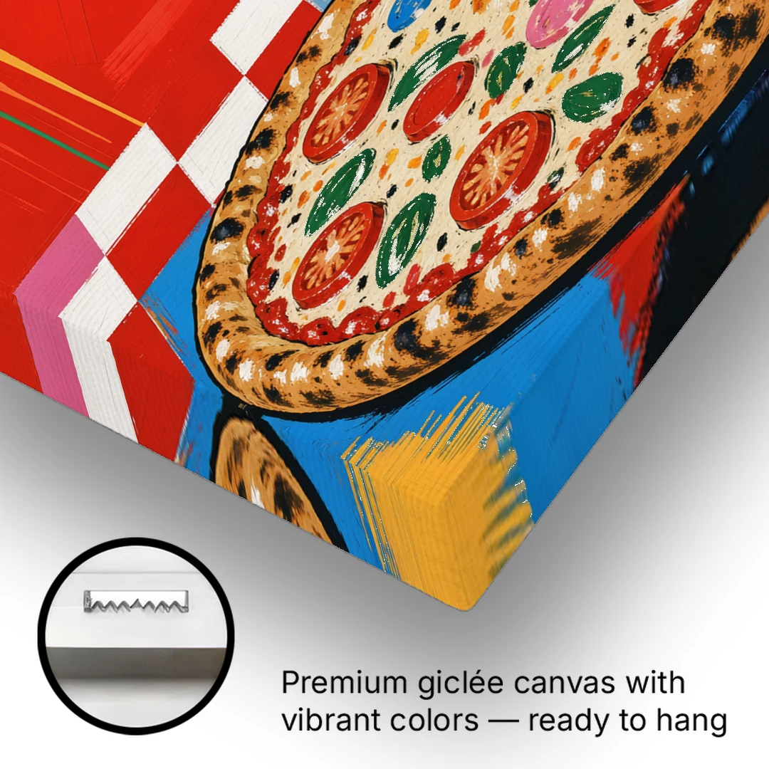 Pizza Poster with the Cheese Pull - Canvas Wall Art - Gallery Wrap Corner