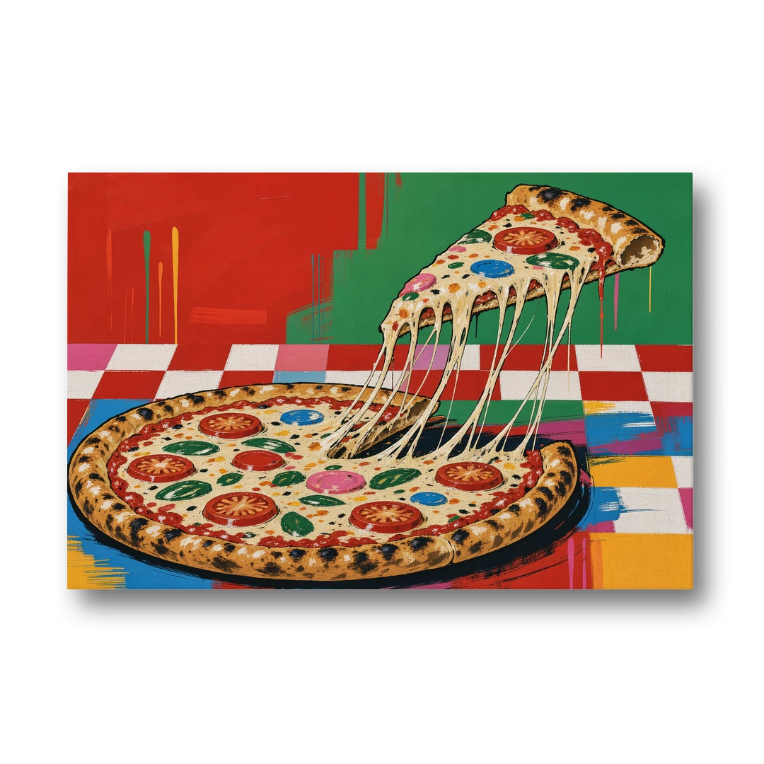 Pizza Poster with the Cheese Pull - Canvas Wall Art - Front
