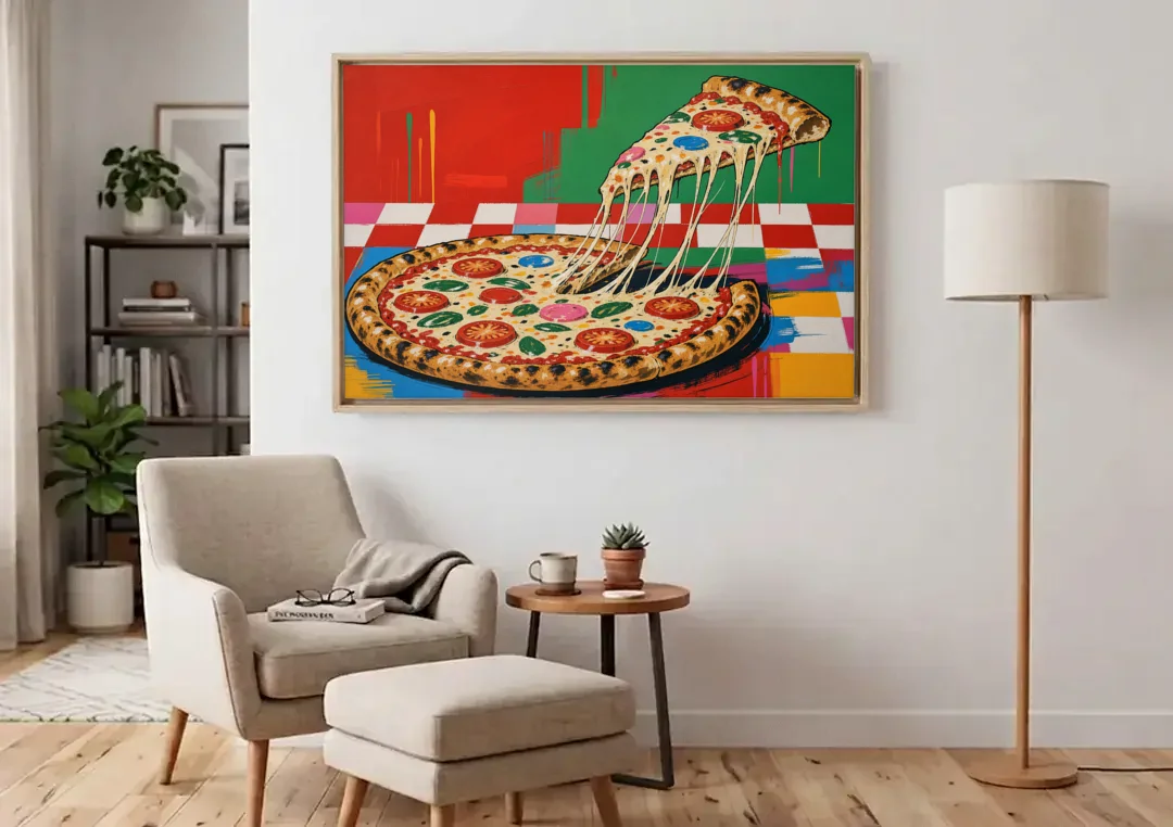 Pizza Poster with the Cheese Pull canvas wall art above an armchair in a bright living room