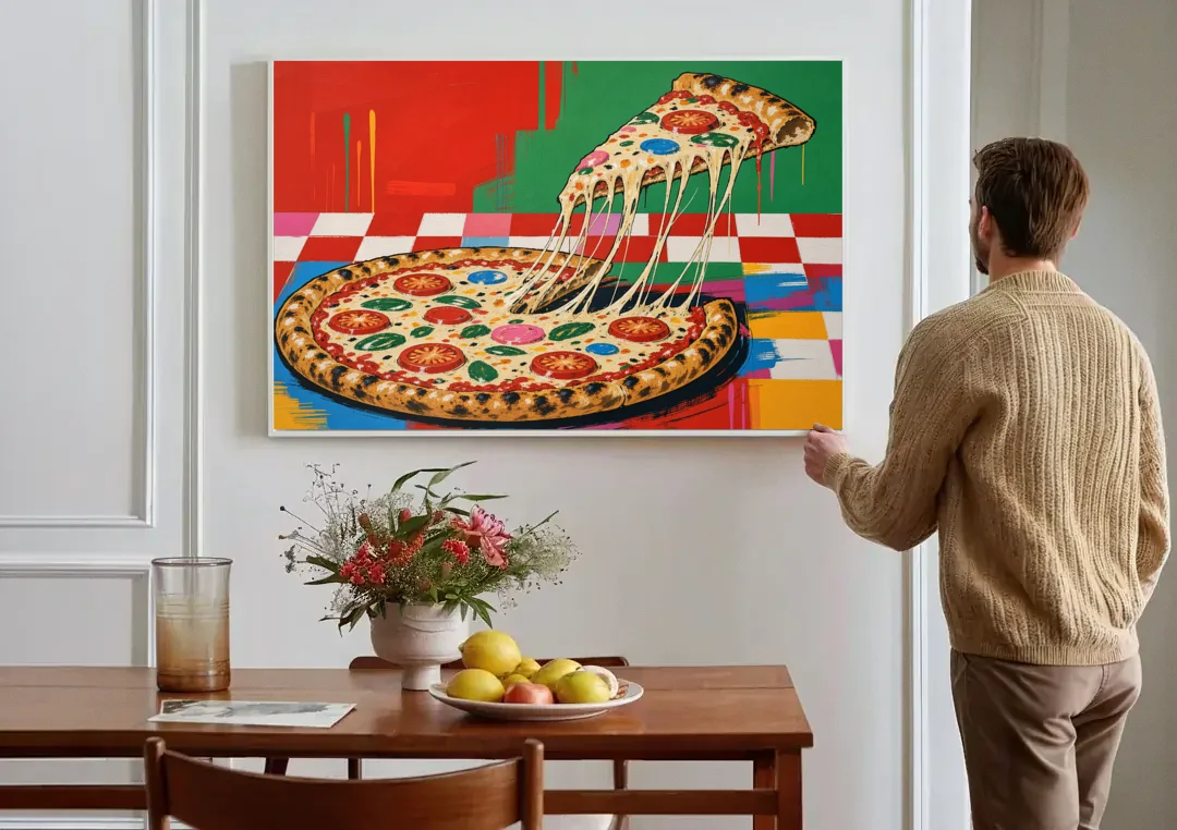 Pizza Poster with the Cheese Pull canvas wall art above a dining table
