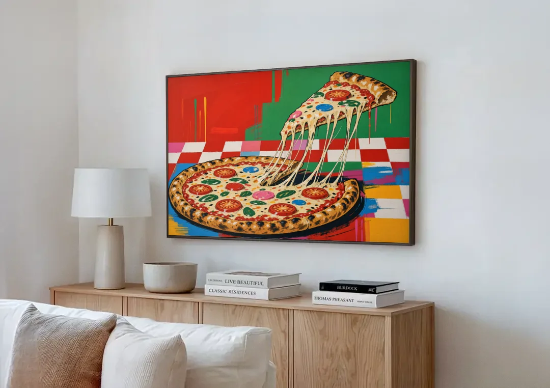 Pizza Poster with the Cheese Pull canvas wall art above a wooden sideboard next to a sofa