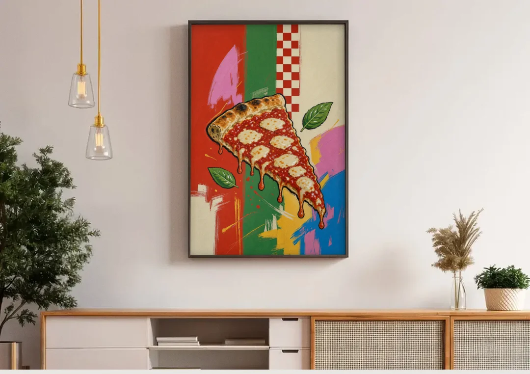 Pizza Prints of a Falling Margherita Slice canvas wall art above a wooden sideboard under pendant lights