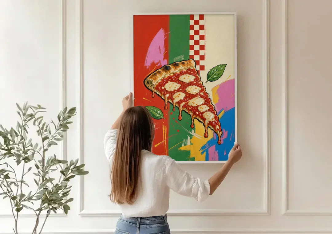 Pizza Prints of a Falling Margherita Slice canvas wall art being hung on a paneled wall