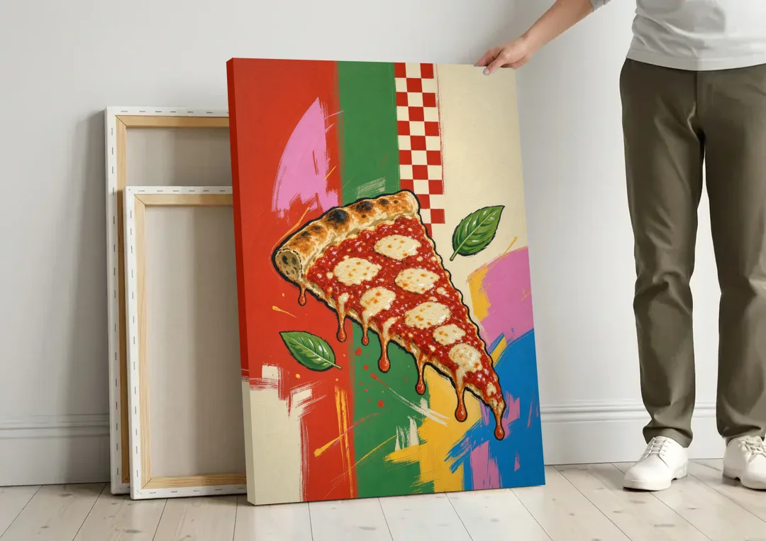 Pizza Prints of a Falling Margherita Slice canvas wall art leaning against a wall next to blank canvases