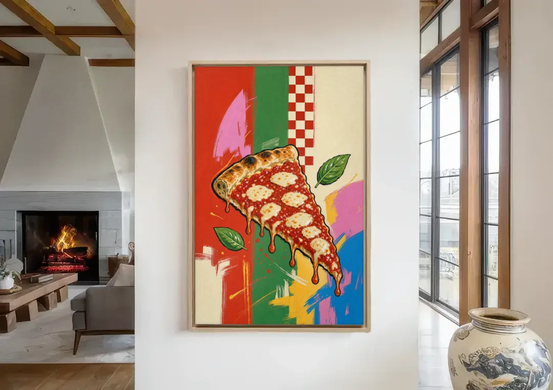 Pizza Prints of a Falling Margherita Slice canvas wall art in a living room with a fireplace