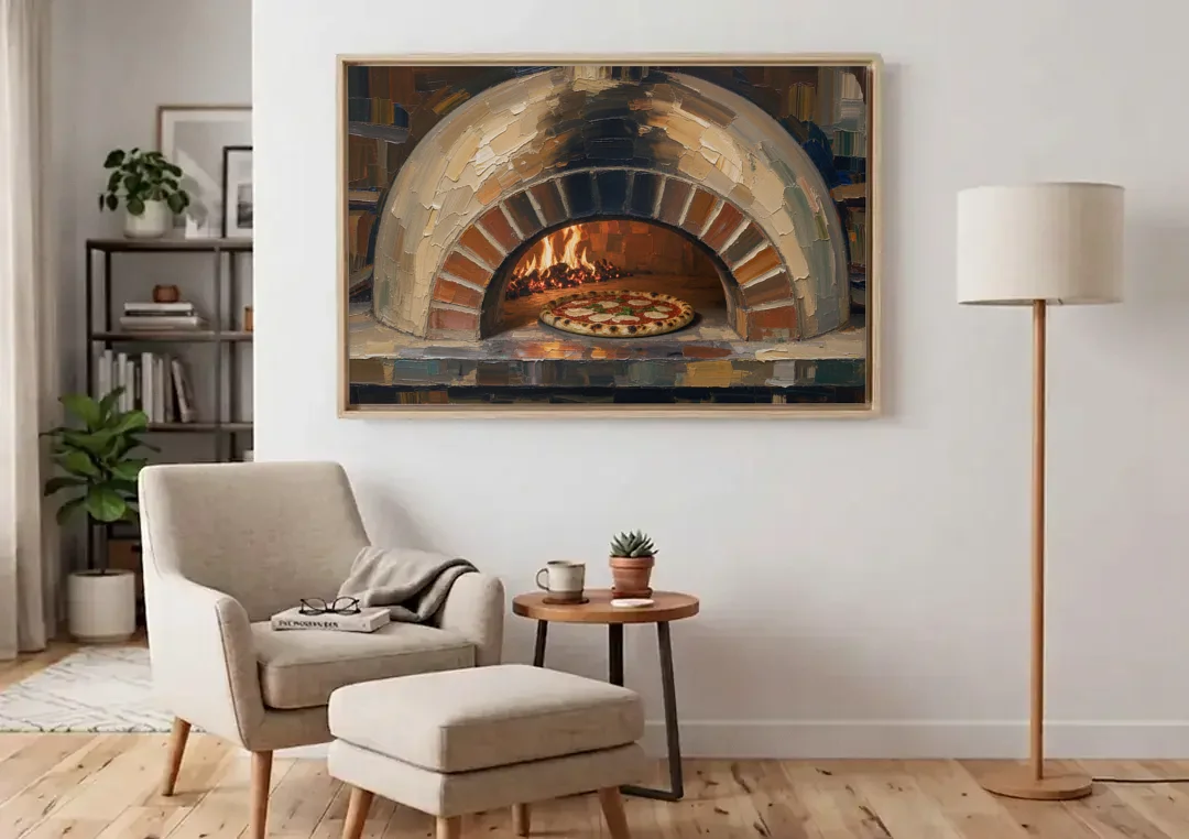 Pizza Restaurant Decor with a Brick Oven Glow canvas wall art above an armchair in a bright living room