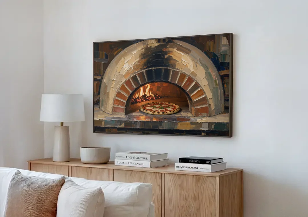 Pizza Restaurant Decor with a Brick Oven Glow canvas wall art above a wooden sideboard next to a sofa