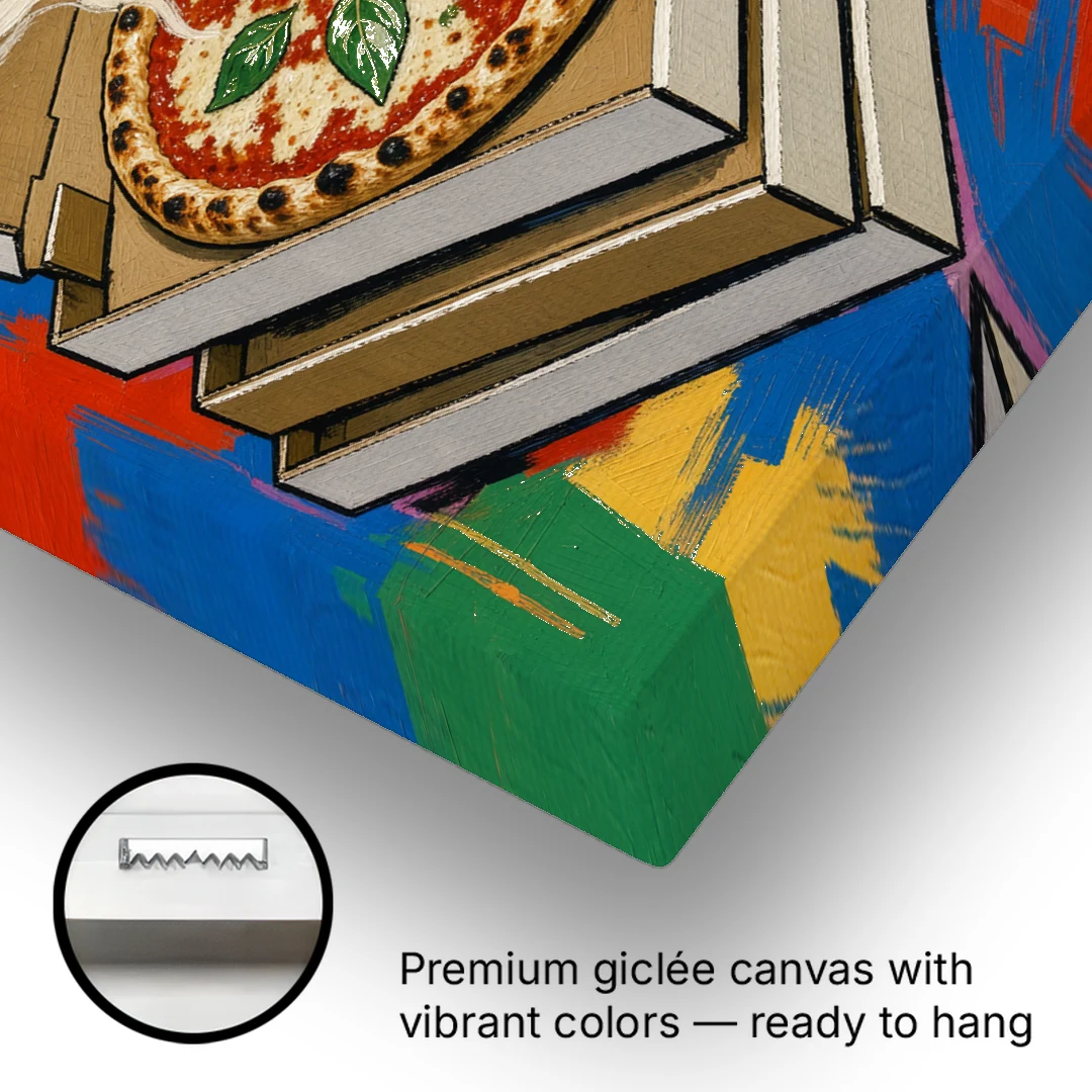 Pizza Shop Decor with a Steaming Stack of Boxes - Canvas Wall Art - Gallery Wrap Corner