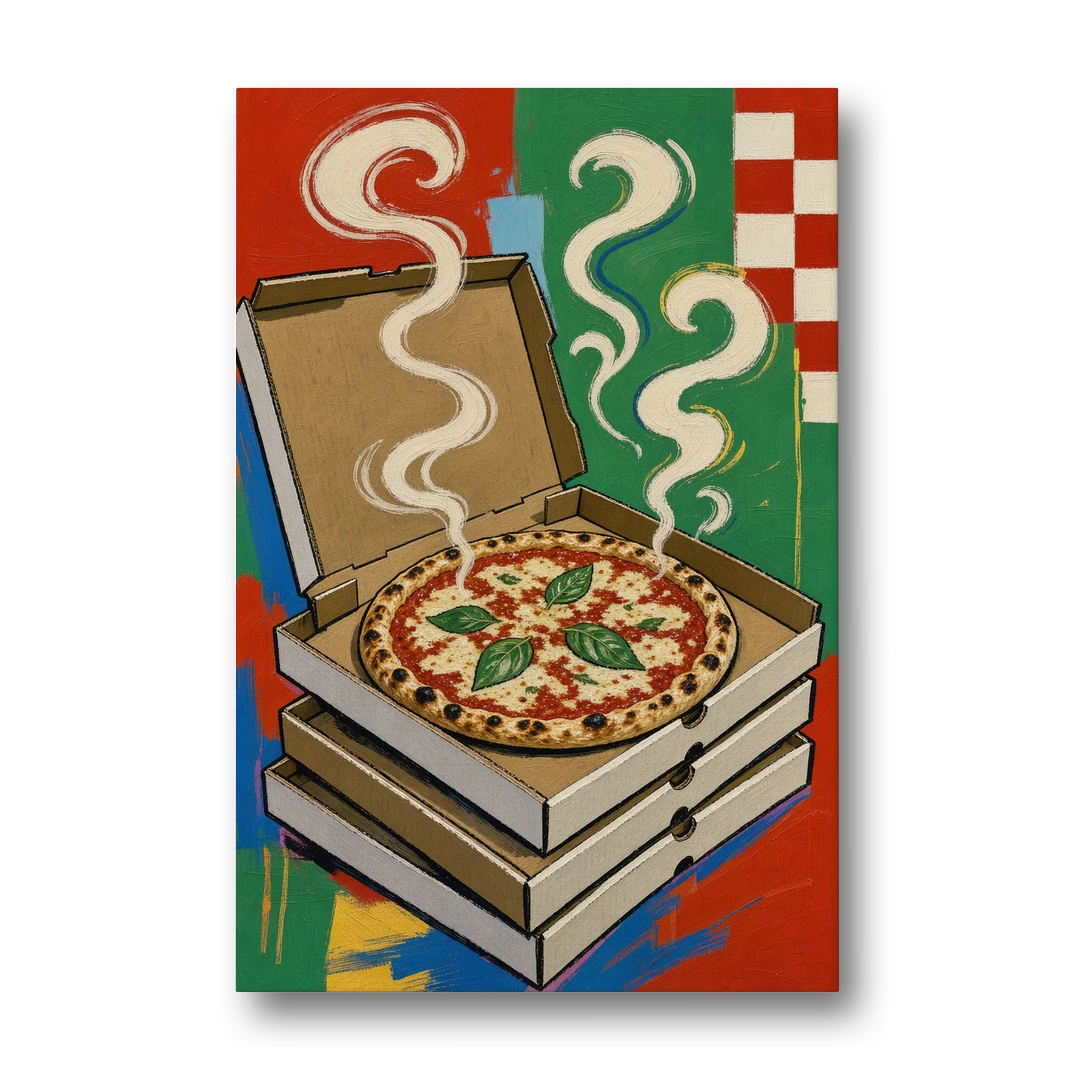 Pizza Shop Decor with a Steaming Stack of Boxes - Canvas Wall Art - Front