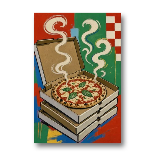 Pizza Shop Decor with a Steaming Stack of Boxes - Canvas Wall Art - Front