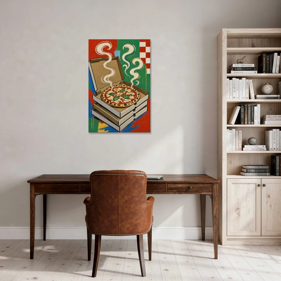 Pizza Shop Decor with a Steaming Stack of Boxes - Canvas Wall Art - Office - 24x36