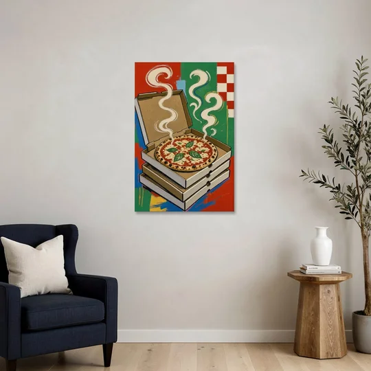 Pizza Shop Decor with a Steaming Stack of Boxes - Canvas Wall Art - Sofa - 24x36