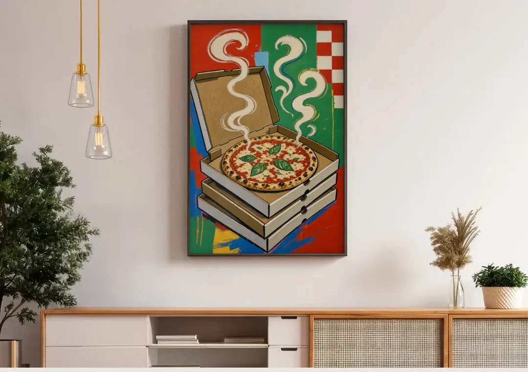 Pizza Shop Decor with a Steaming Stack of Boxes canvas wall art above a wooden sideboard under pendant lights