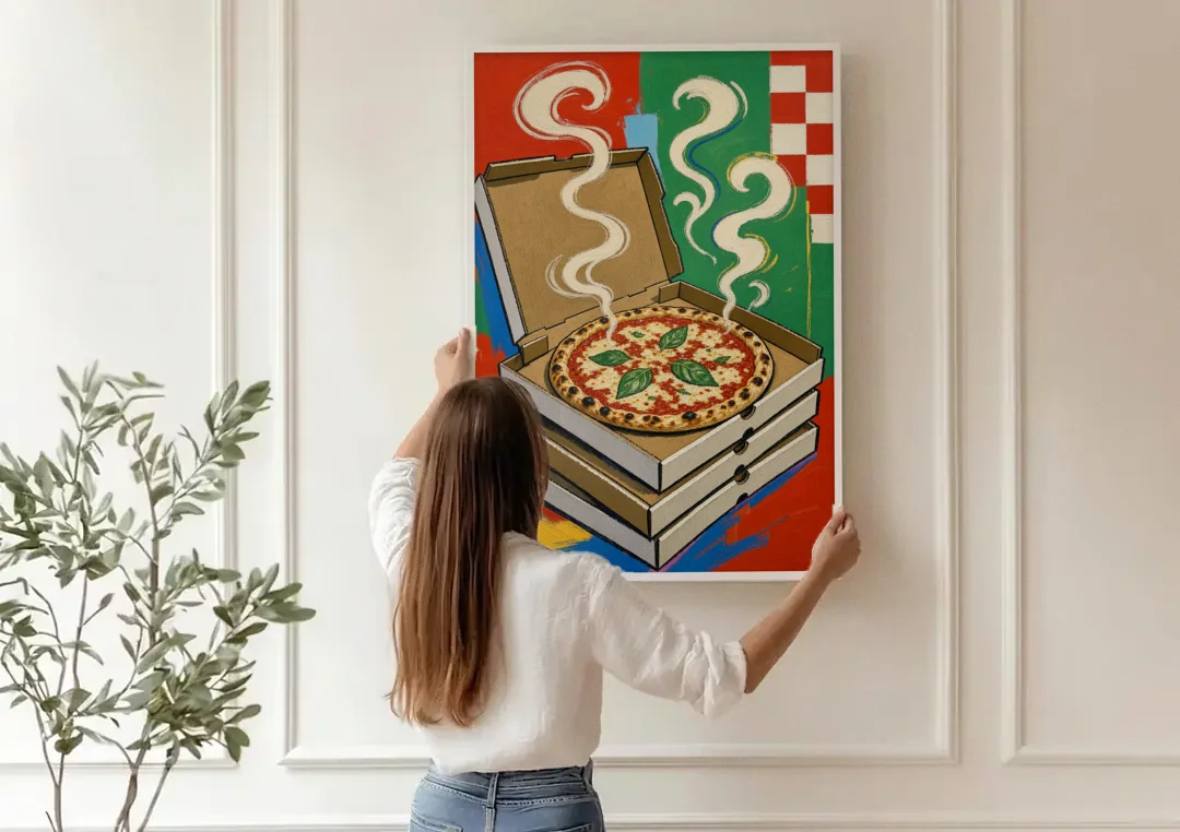Pizza Shop Decor with a Steaming Stack of Boxes canvas wall art being hung on a paneled wall