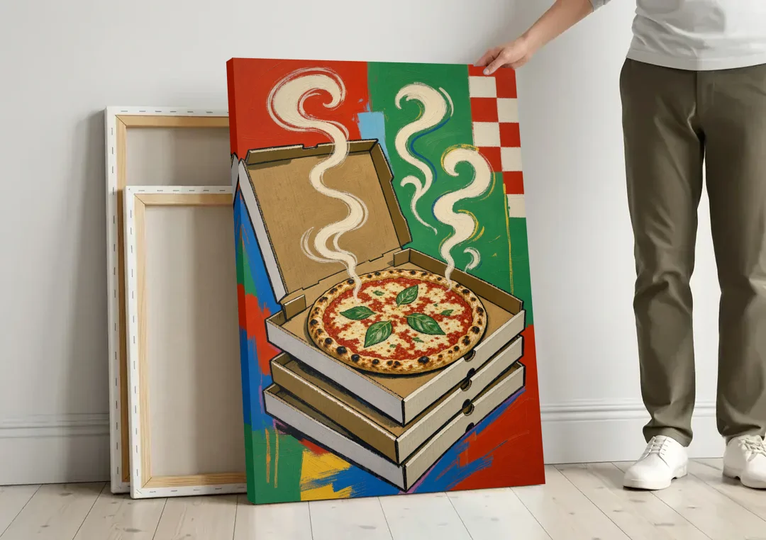 Pizza Shop Decor with a Steaming Stack of Boxes canvas wall art leaning against a wall next to blank canvases