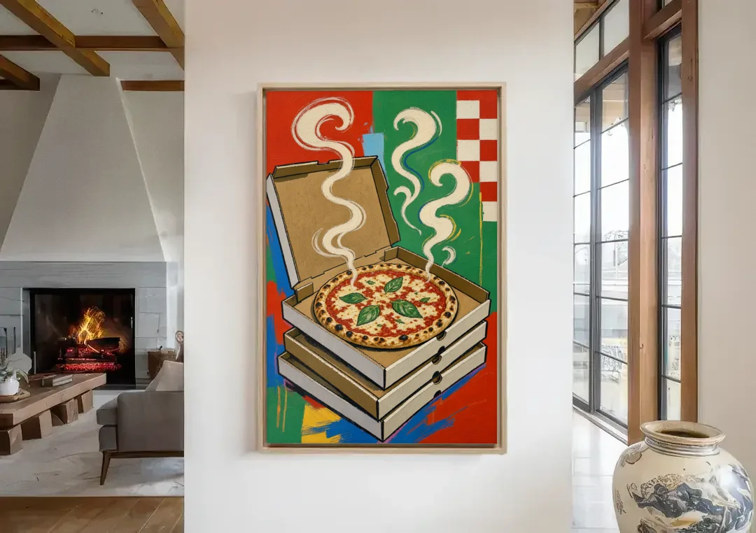 Pizza Shop Decor with a Steaming Stack of Boxes canvas wall art in a living room with a fireplace