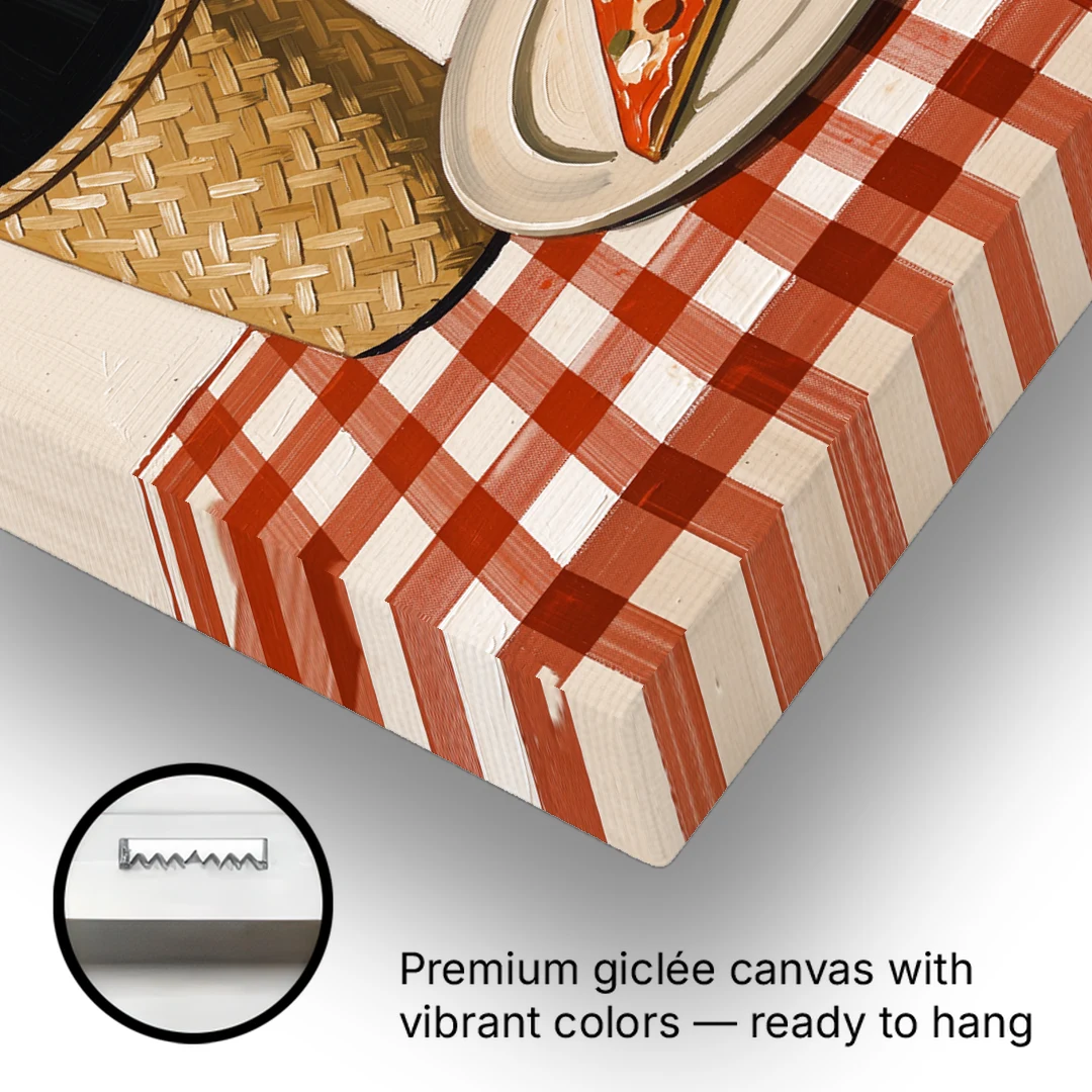 Pizza Slice and Wine Bottle on Checked Tablecloth - Canvas Wall Art - Gallery Wrap Corner