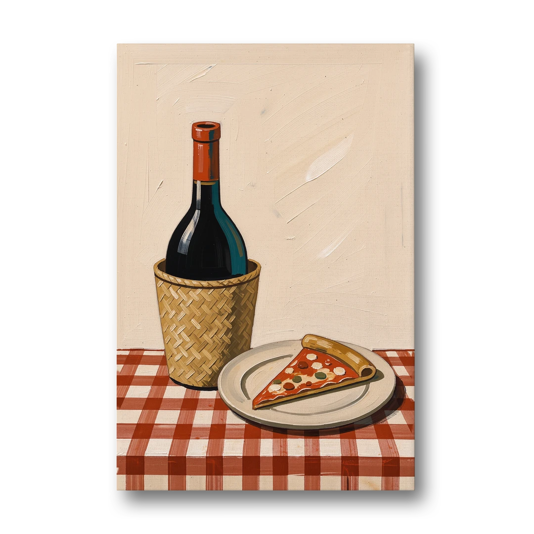 Pizza Slice and Wine Bottle on Checked Tablecloth - Canvas Wall Art - Front