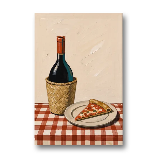 Pizza Slice and Wine Bottle on Checked Tablecloth - Canvas Wall Art - Front