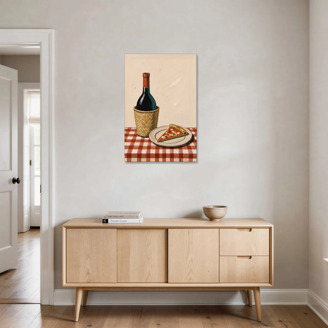 Pizza Slice and Wine Bottle on Checked Tablecloth - Canvas Wall Art - Coffee Table - 24x36
