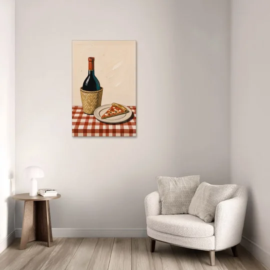 Pizza Slice and Wine Bottle on Checked Tablecloth - Canvas Wall Art - Sofa - 24x36