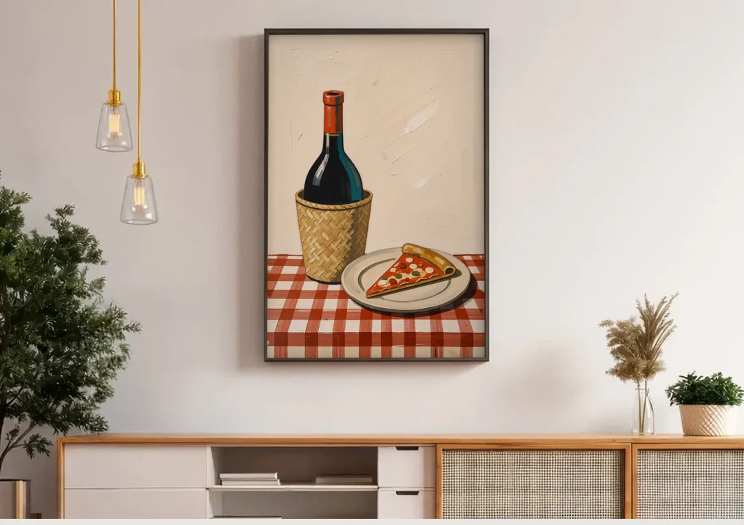 Pizza Slice and Wine Bottle on Checked Tablecloth canvas wall art above a wooden sideboard under pendant lights