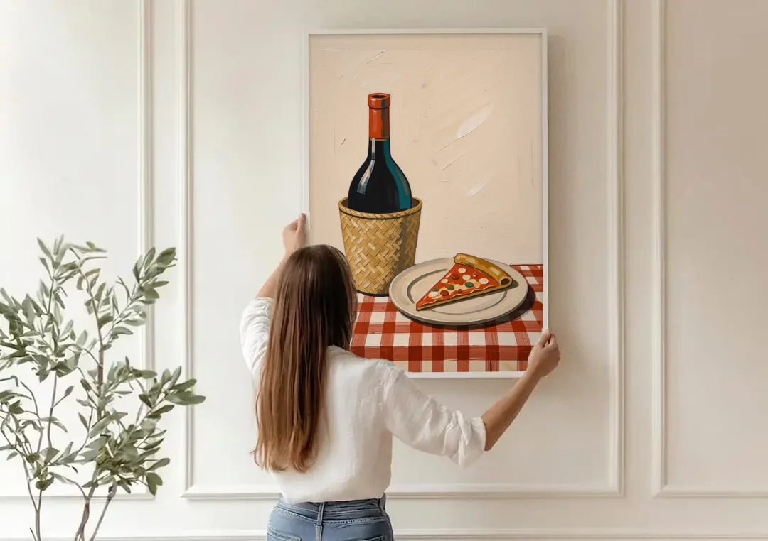 Pizza Slice and Wine Bottle on Checked Tablecloth canvas wall art being hung on a paneled wall
