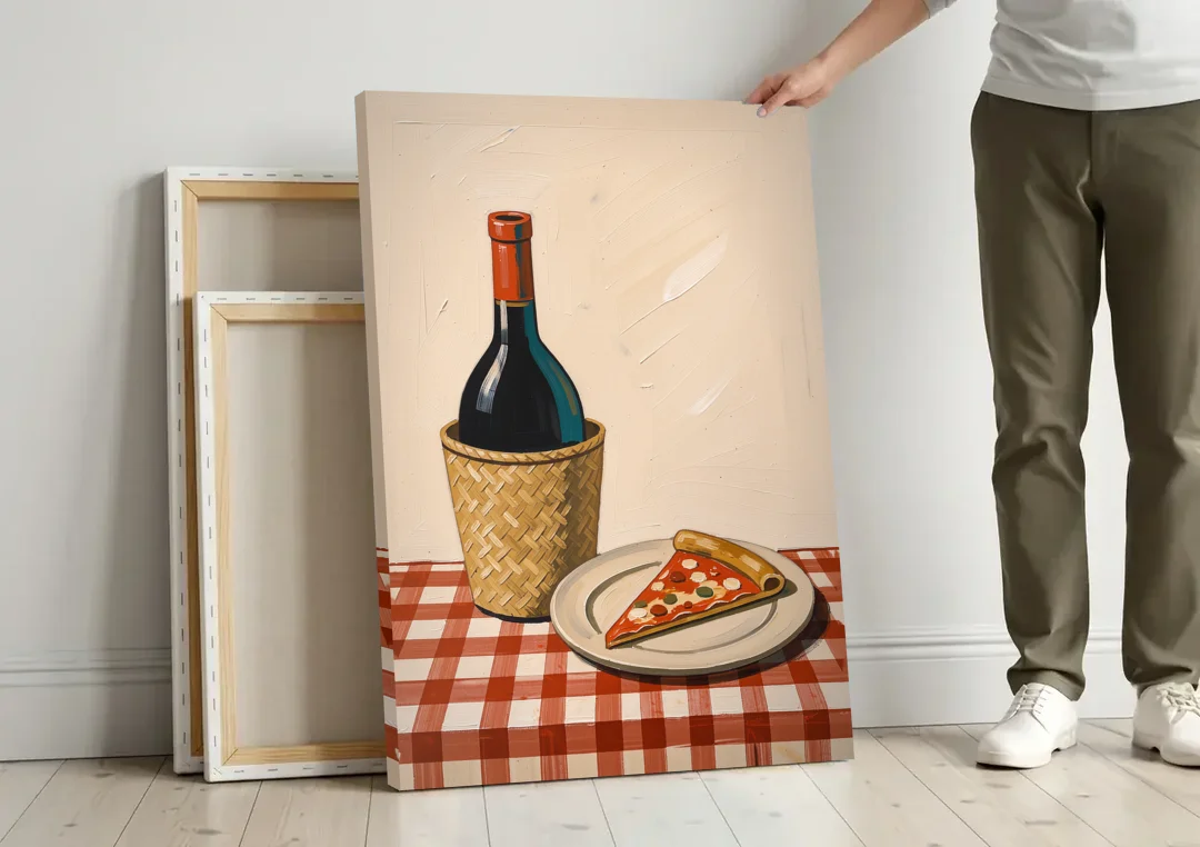 Pizza Slice and Wine Bottle on Checked Tablecloth canvas wall art leaning against a wall next to blank canvases