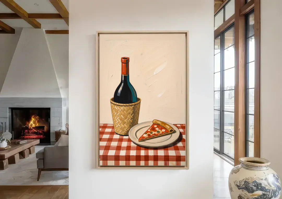 Pizza Slice and Wine Bottle on Checked Tablecloth canvas wall art in a living room with a fireplace
