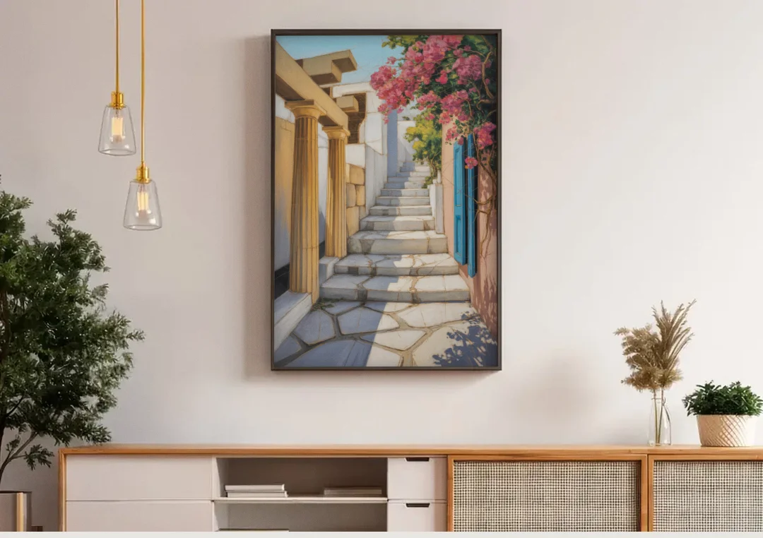 Plaka Pathways canvas wall art above a wooden sideboard under pendant lights