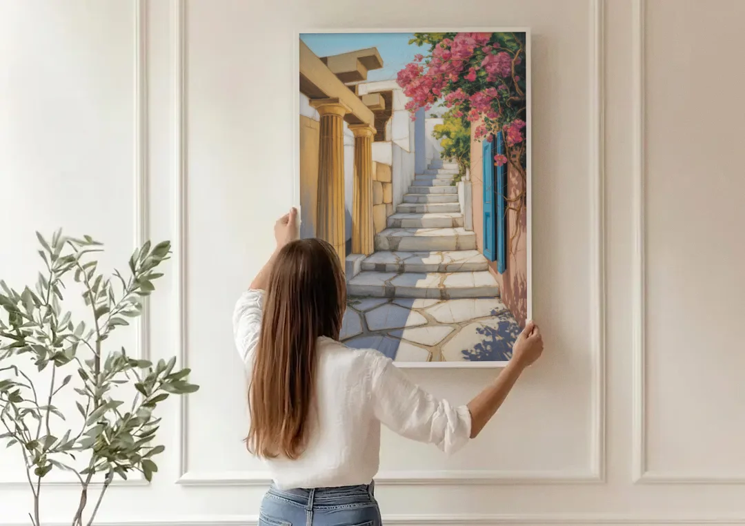 Plaka Pathways canvas wall art being hung on a paneled wall