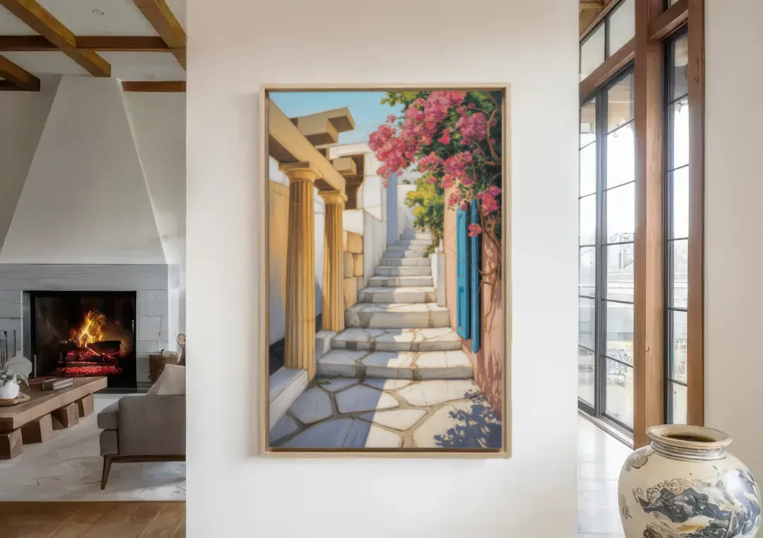Plaka Pathways canvas wall art in a living room with a fireplace