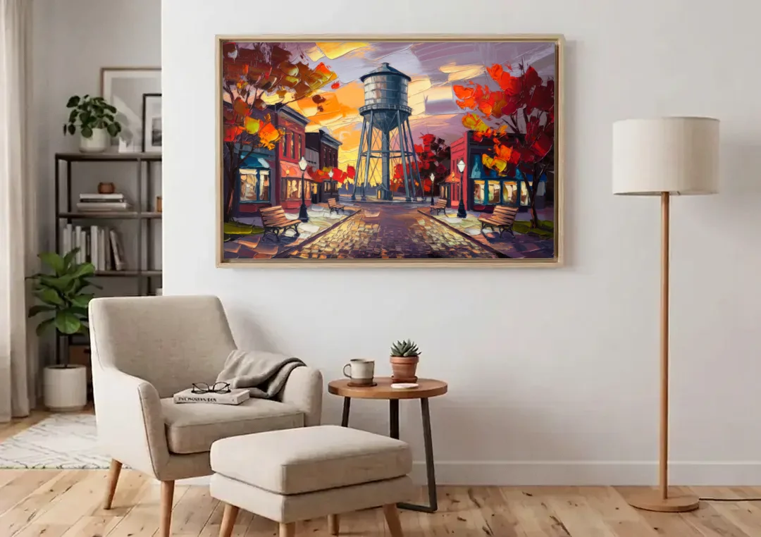 Plano Local Landmarks canvas wall art above an armchair in a bright living room