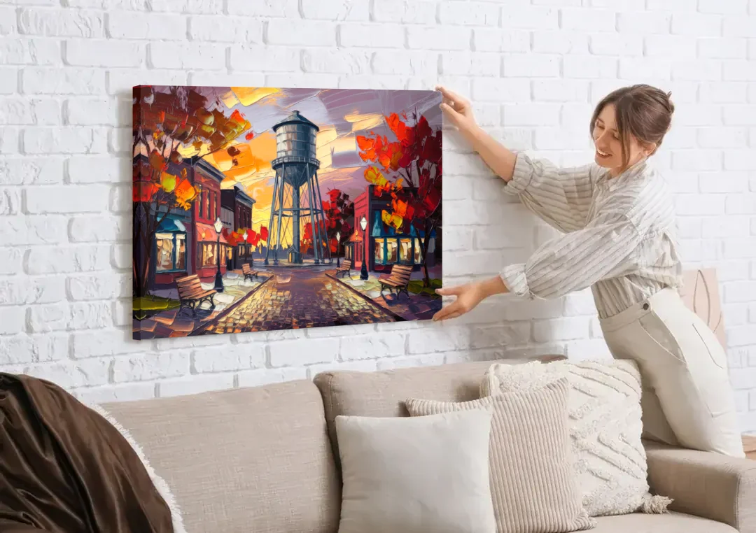 Plano Local Landmarks canvas wall art being hung on a white brick wall above a sofa