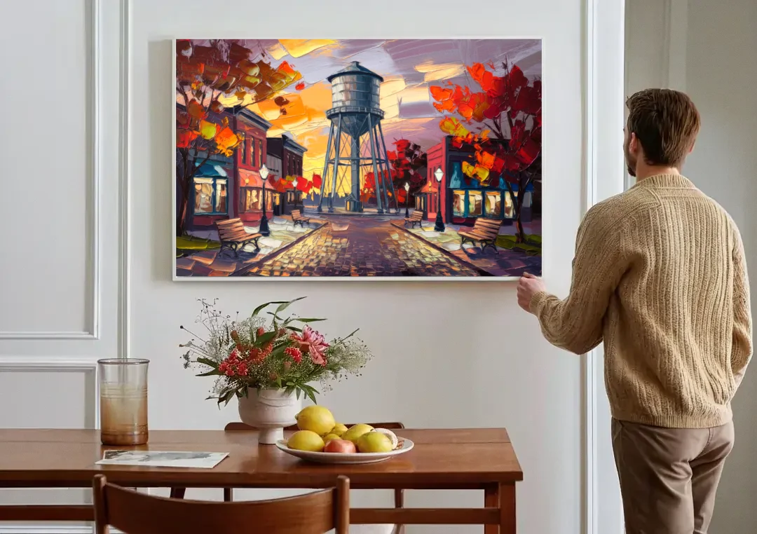 Plano Local Landmarks canvas wall art above a dining table