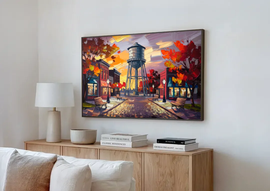 Plano Local Landmarks canvas wall art above a wooden sideboard next to a sofa