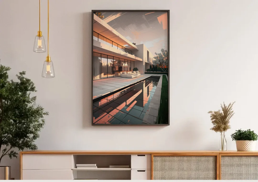 Plano Modern Architecture canvas wall art above a wooden sideboard under pendant lights