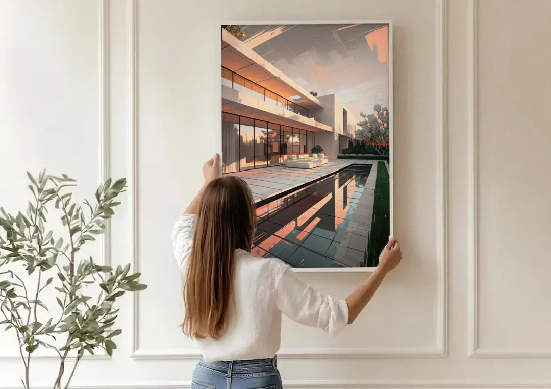 Plano Modern Architecture canvas wall art being hung on a paneled wall