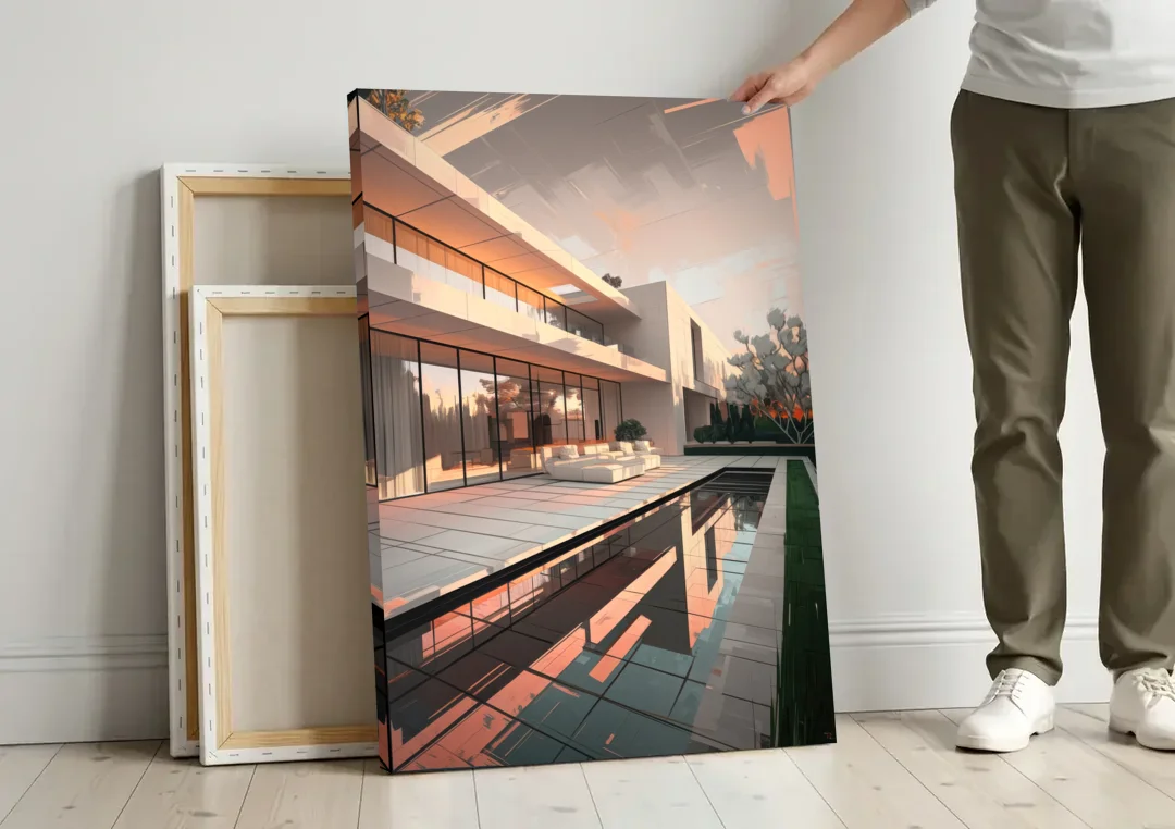 Plano Modern Architecture canvas wall art leaning against a wall next to blank canvases