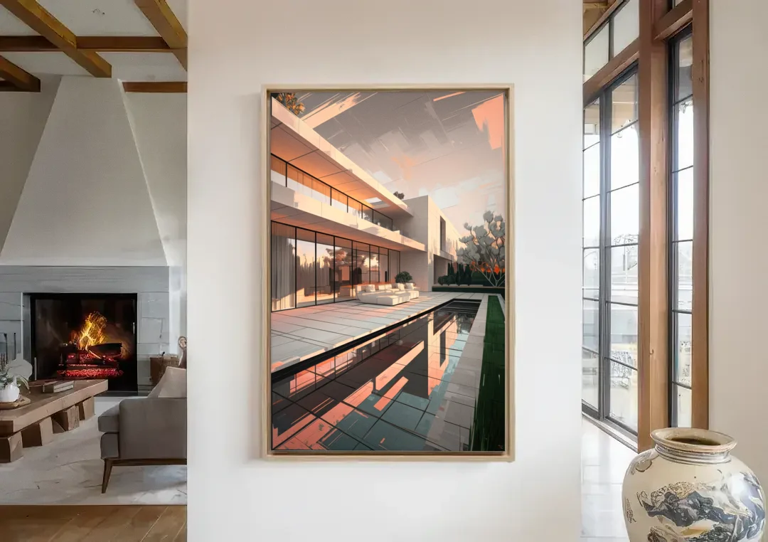 Plano Modern Architecture canvas wall art in a living room with a fireplace