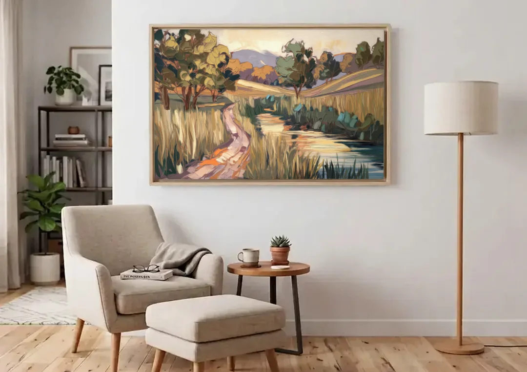 Plano Nature Trails canvas wall art above an armchair in a bright living room