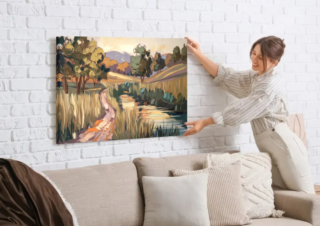 Plano Nature Trails canvas wall art being hung on a white brick wall above a sofa