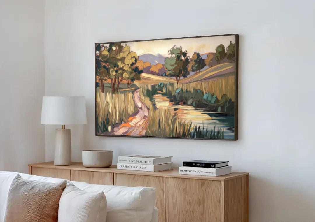Plano Nature Trails canvas wall art above a wooden sideboard next to a sofa