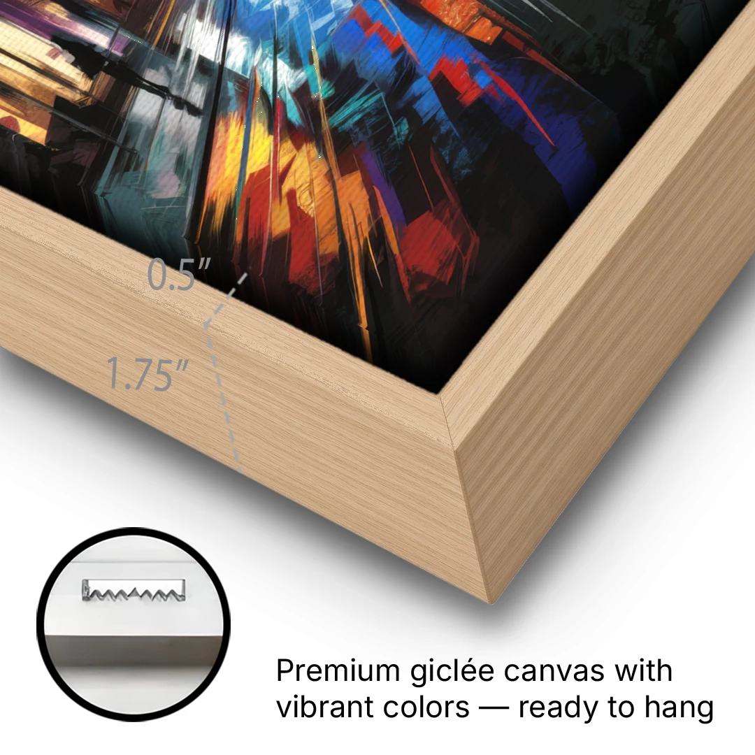 Plano Nightlife Glow Neon - Oak Framed Canvas Wall Art - Gallery Wrap Corner