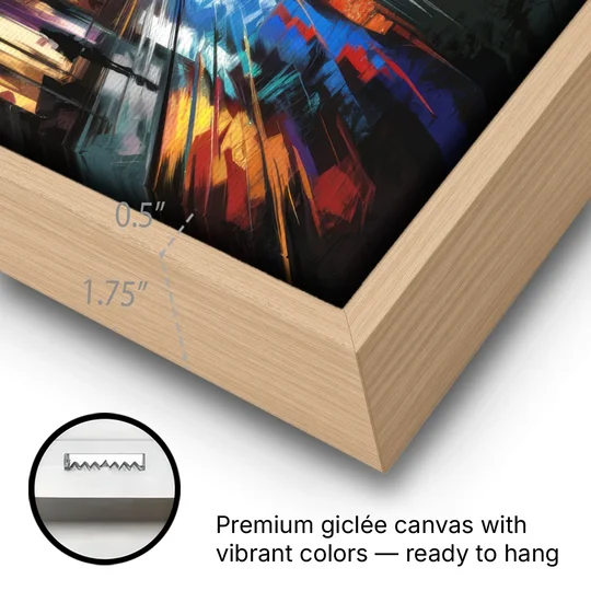 Plano Nightlife Glow Neon - Oak Framed Canvas Wall Art - Gallery Wrap Corner