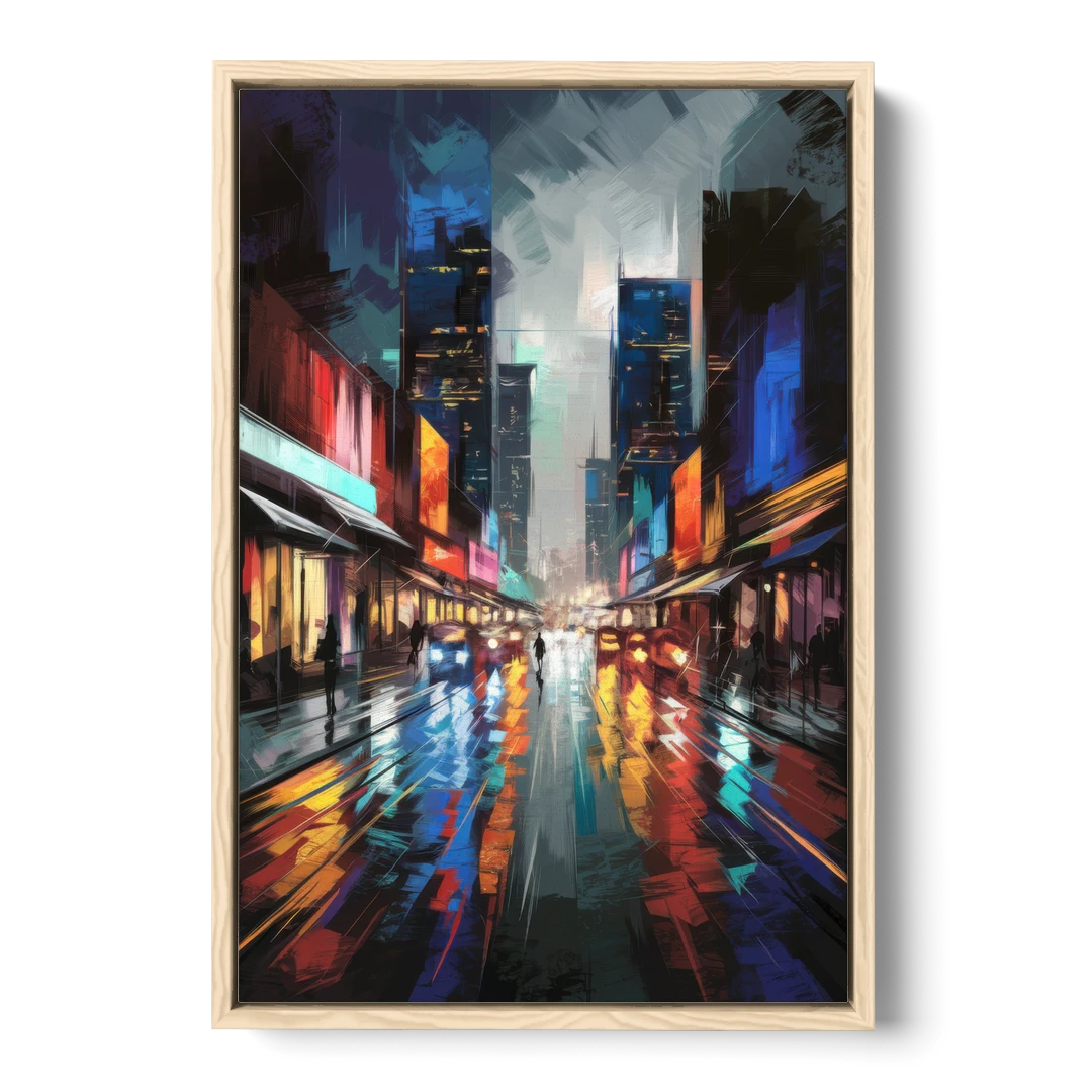 Plano Nightlife Glow Neon - Oak Framed Canvas Wall Art - Front