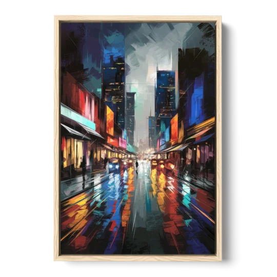 Plano Nightlife Glow Neon - Oak Framed Canvas Wall Art - Front
